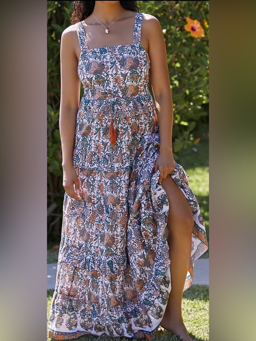 Ro's Garden Ester Floral Maxi Dress Brown Gold Paisley Sleeveless Boho L NWT